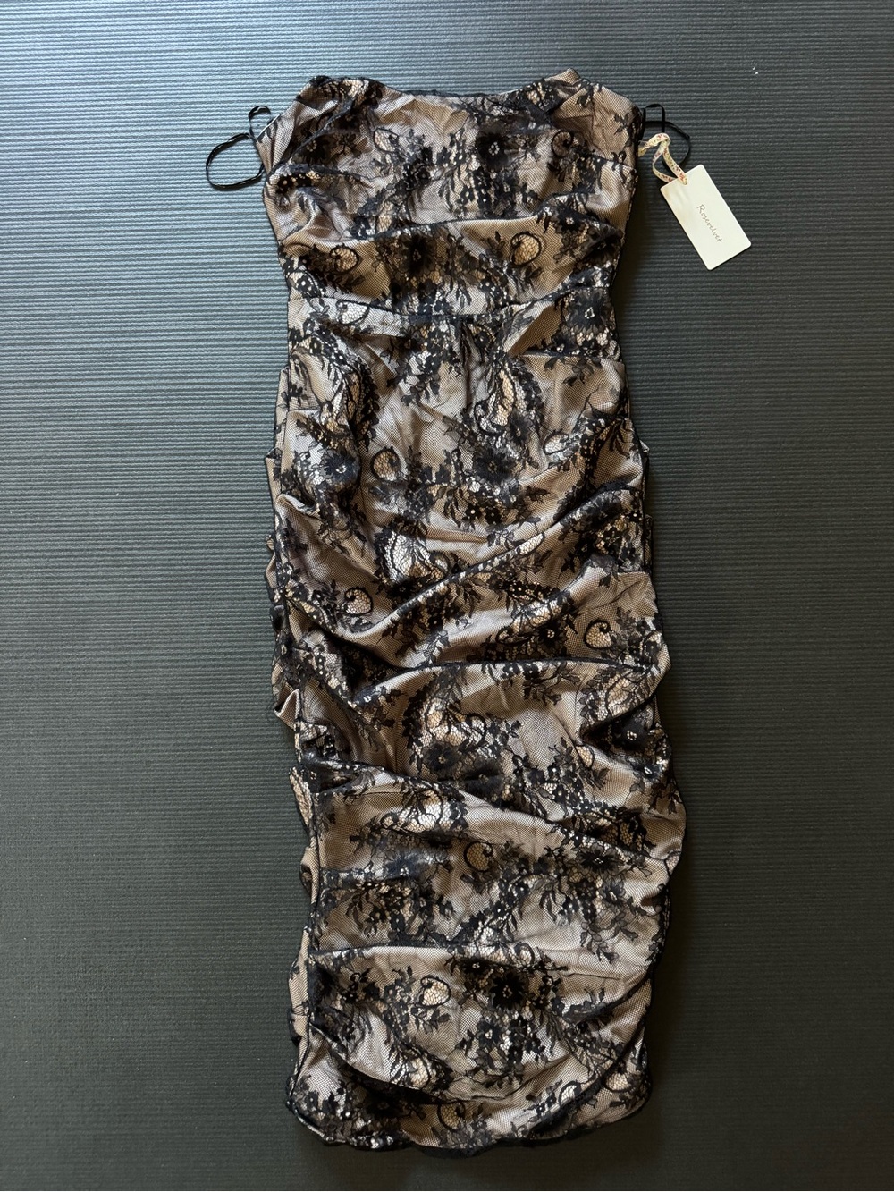 Rosevelvet, Strapless Lace-Overlay Evening Dress in Taupe and Black, L NWT